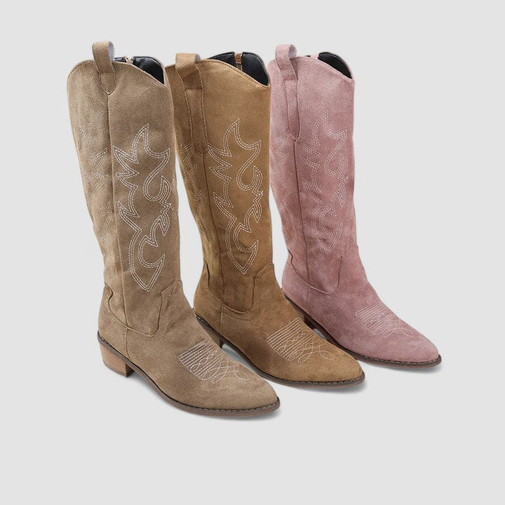 Clara Bennett and Lowe wide-calf knee-high boots for women, black leather, featuring a sleek design and pointed toe.