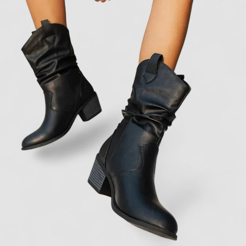 Black Vivian orthopedic leather boots for women by Bennett and Lowe, featuring sturdy soles and stylish ankle length design.