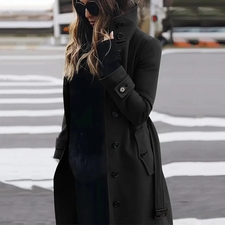 Bennett & Lowe Monica slim fit long sleeve coat shown in black with tailored design and front pockets.