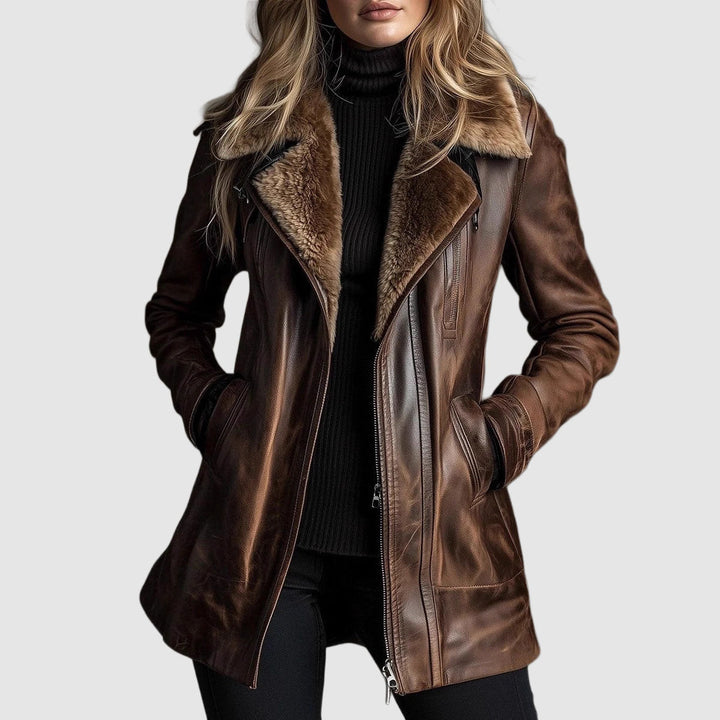 Samara women's leather jacket with plush collar and zip front from Bennett and Lowe, stylish coats and jackets for women.