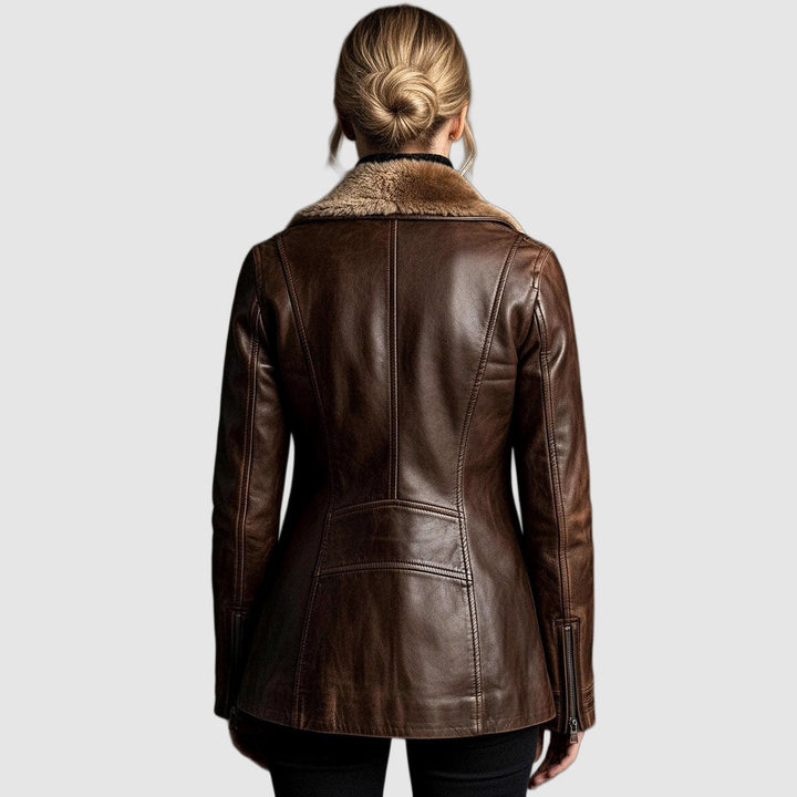 Samara women's leather jacket with plush collar, shearling fur lining, and zip-front closure by Bennett and Lowe.