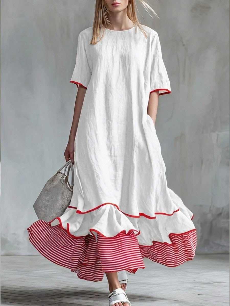 Red striped ruffle maxi dress for women by Bennett and Lowe featuring a flowing silhouette and elegant ruffle details.