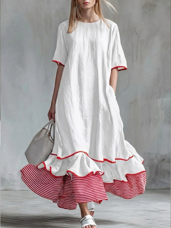 Red striped ruffle maxi dress for women by Bennett and Lowe featuring a flowing silhouette and elegant ruffle details.