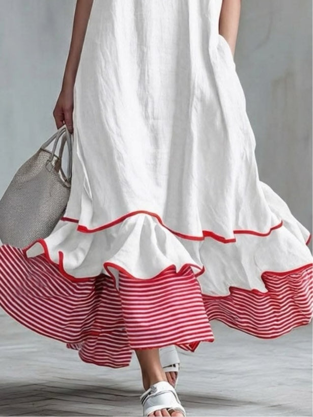 Red striped ruffle maxi dress for women by Bennett and Lowe, featuring flowing fabric and stylish design.