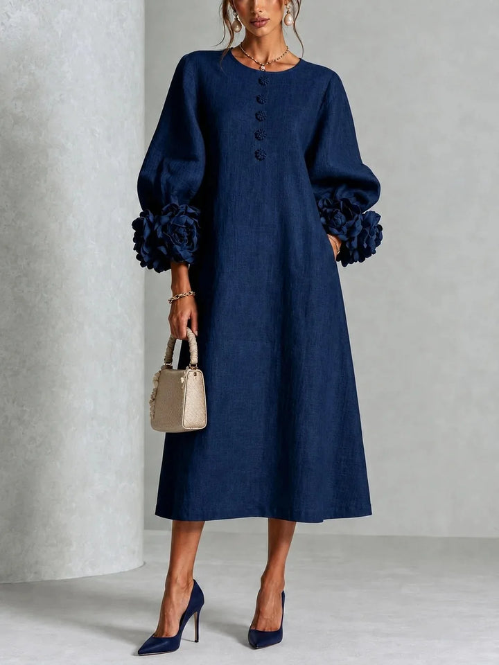 Adeline | 3D Floral O-Neck Lantern-Sleeve Midi Dress for Women