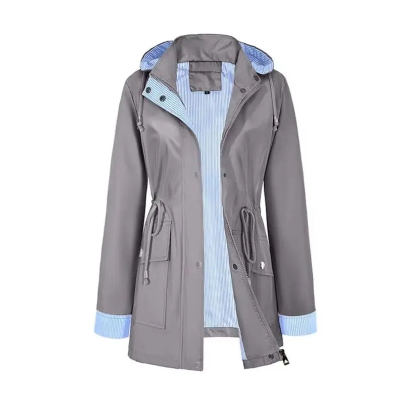 Bennett & Lowe Samantha hooded drawstring long trench coat displayed on a hanger, featuring a classic design with a hood and adjustable waist.