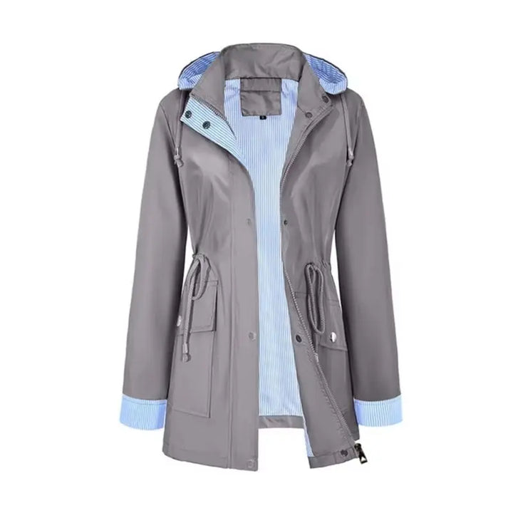 Bennett & Lowe Samantha hooded drawstring long trench coat displayed on a hanger, featuring a classic design with a hood and adjustable waist.