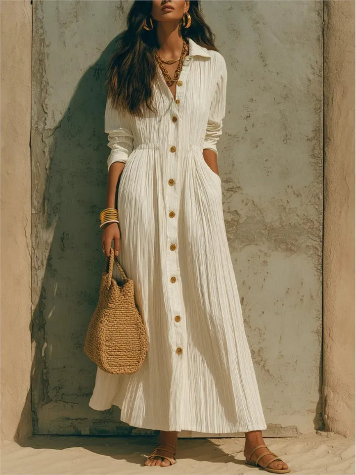 Genevieve | Button-Front Long-Sleeve Shirt Midi Dress with Pockets for Women