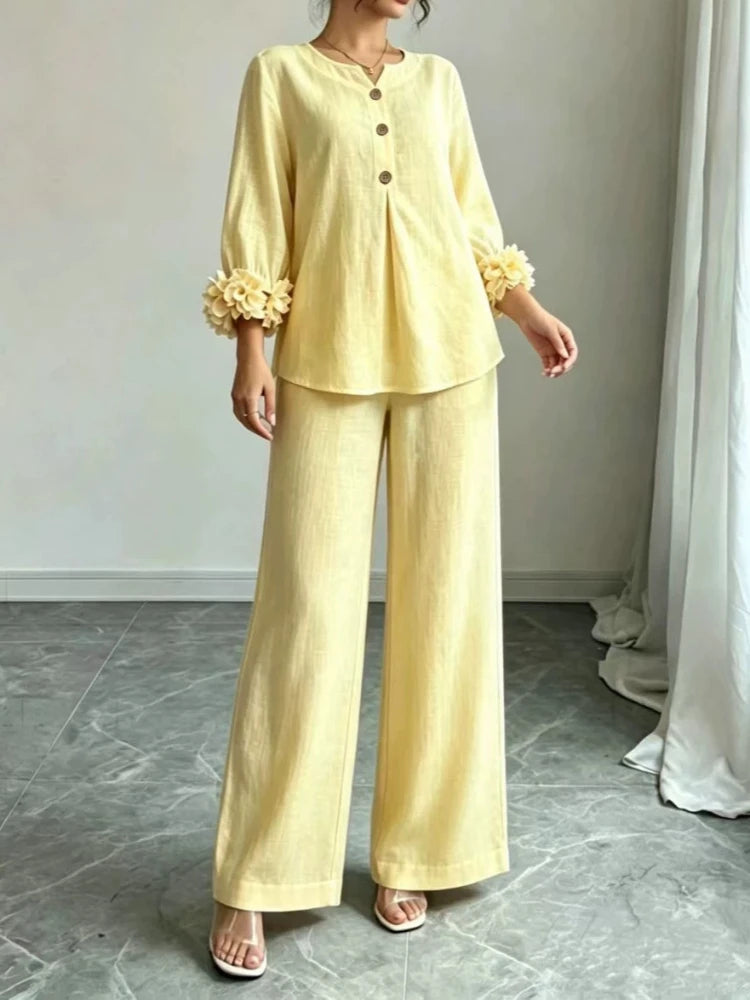 Bennett & Lowe Susanna floral-cuff wide-leg pants two-piece set in a coordinated style