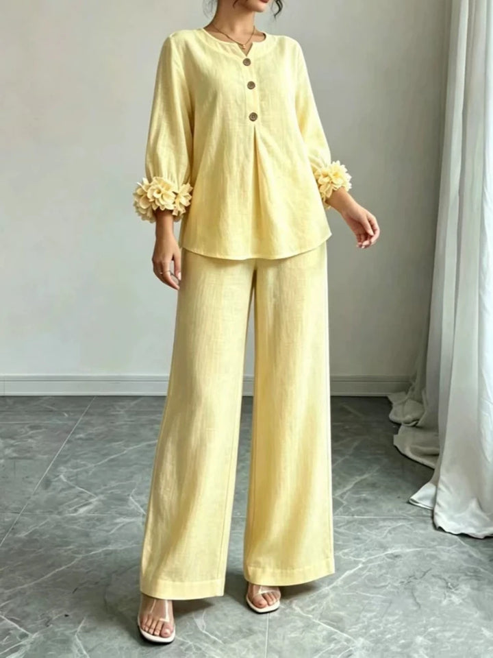 Bennett & Lowe Susanna floral-cuff wide-leg pants two-piece set in a coordinated style