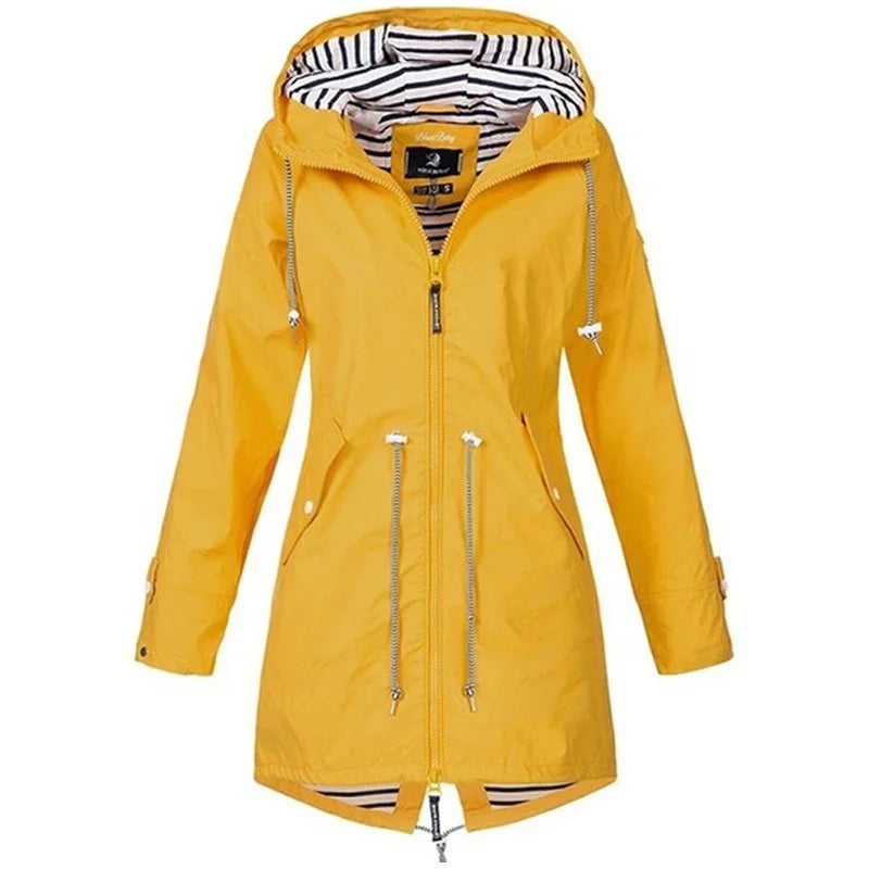 Victoria Bennett & Lowe drawstring hooded outdoor trench coat displayed in dark fabric with adjustable waist and hood details.