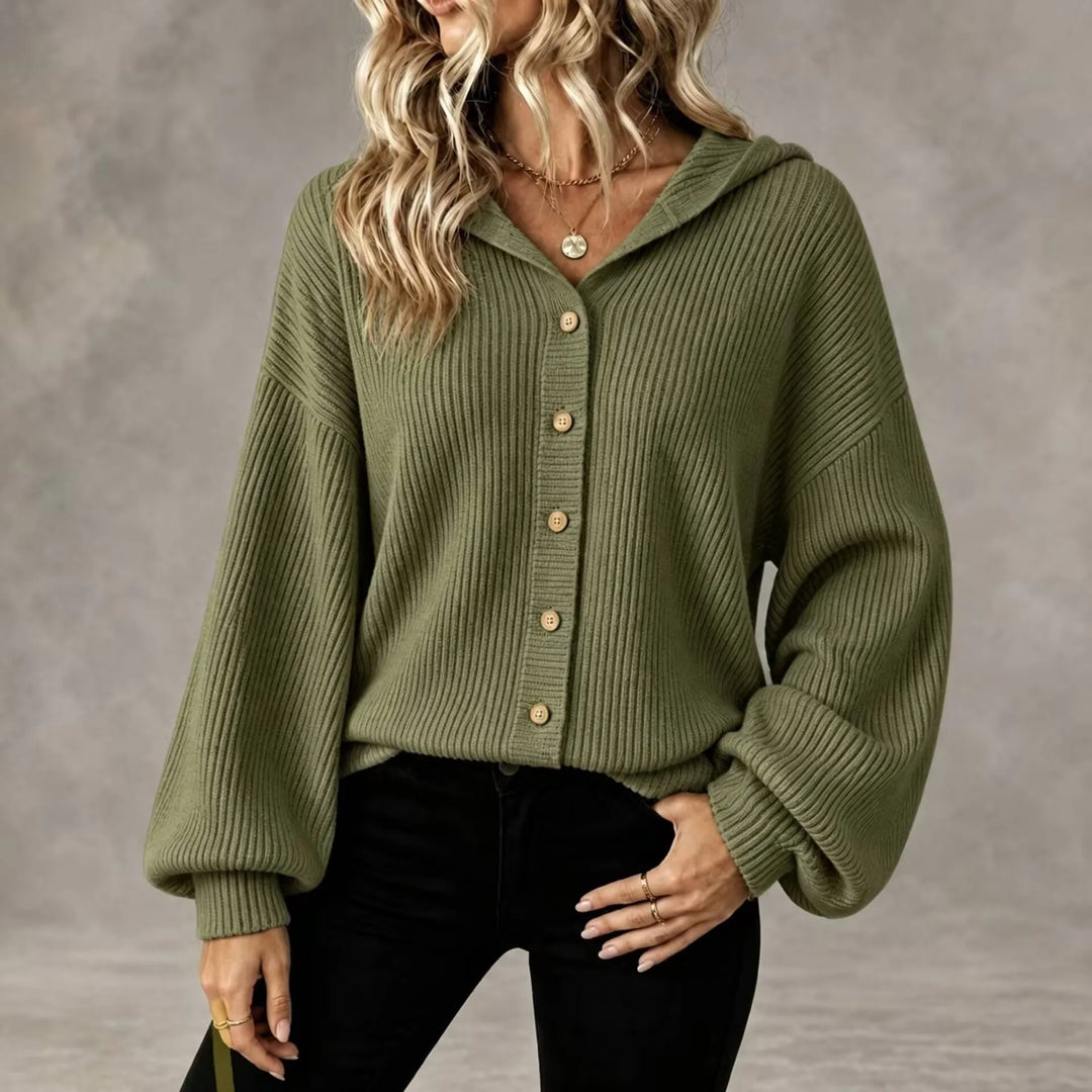 Martha Bennett & Lowe hooded button-front cardigan in soft knit fabric, featuring a hood and front buttons, shown on a model.