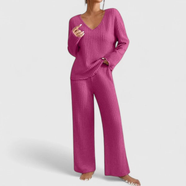 Addison two-piece knit sweater and wide-leg pants set for women by Bennett and Lowe, featuring a V-neck sweater and relaxed trousers.