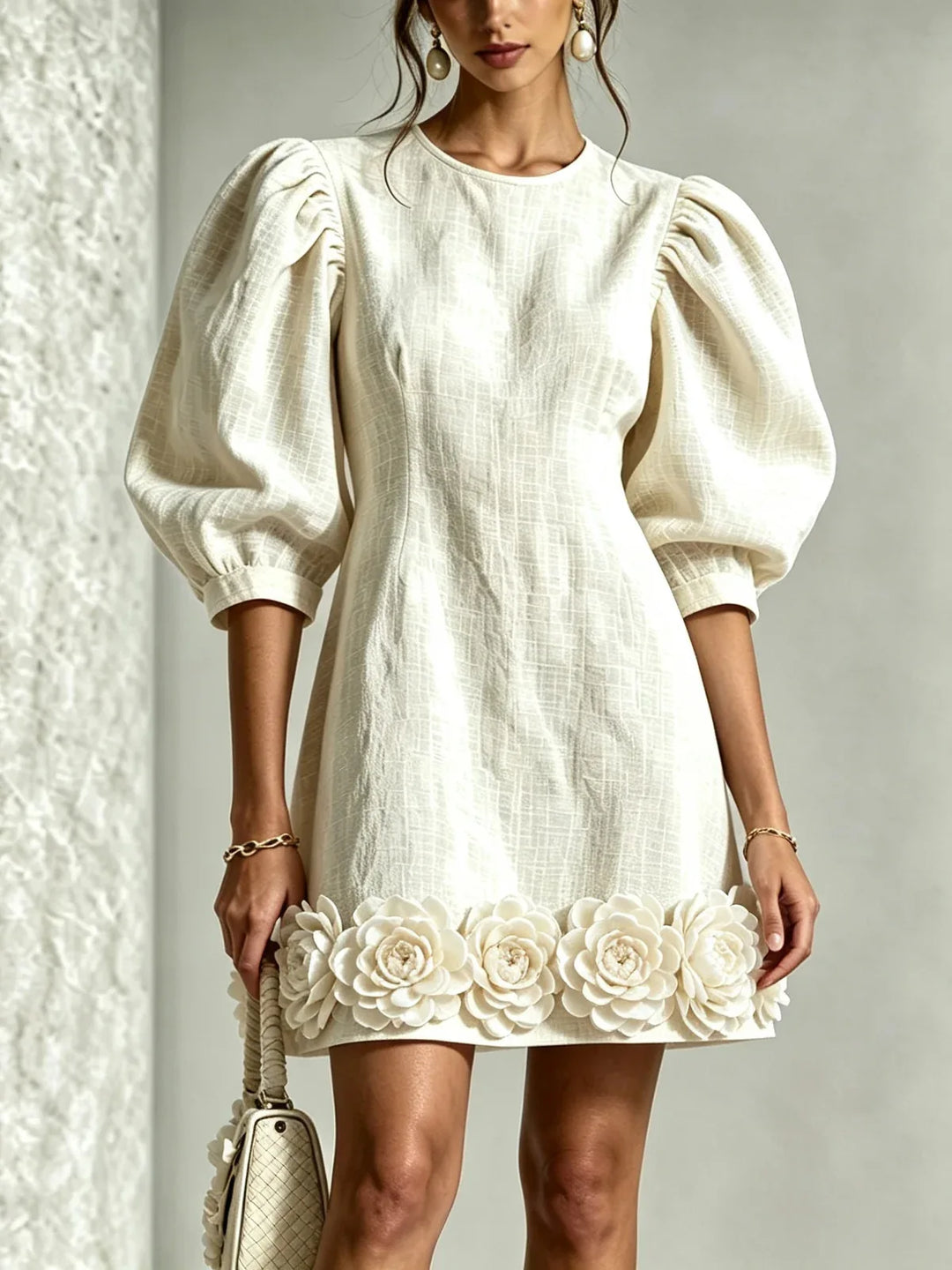 Rebecca | Puff Sleeve Flower Hem Mini Dress