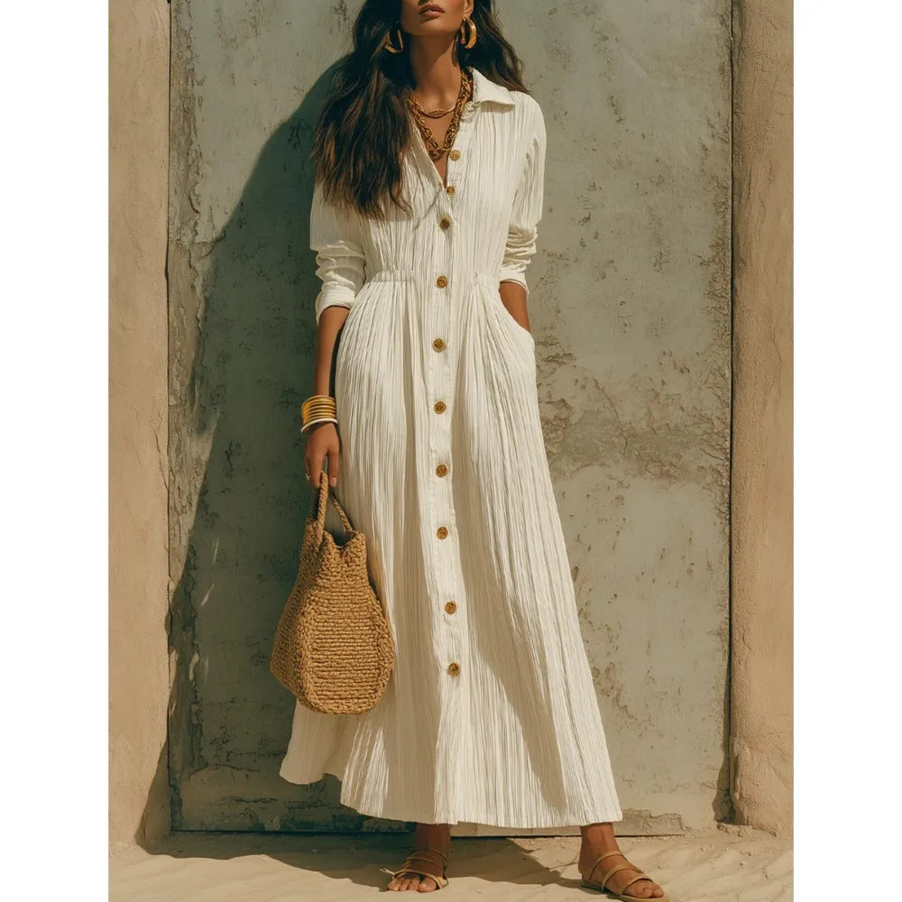 Genevieve | Button-Front Long-Sleeve Shirt Midi Dress with Pockets for Women