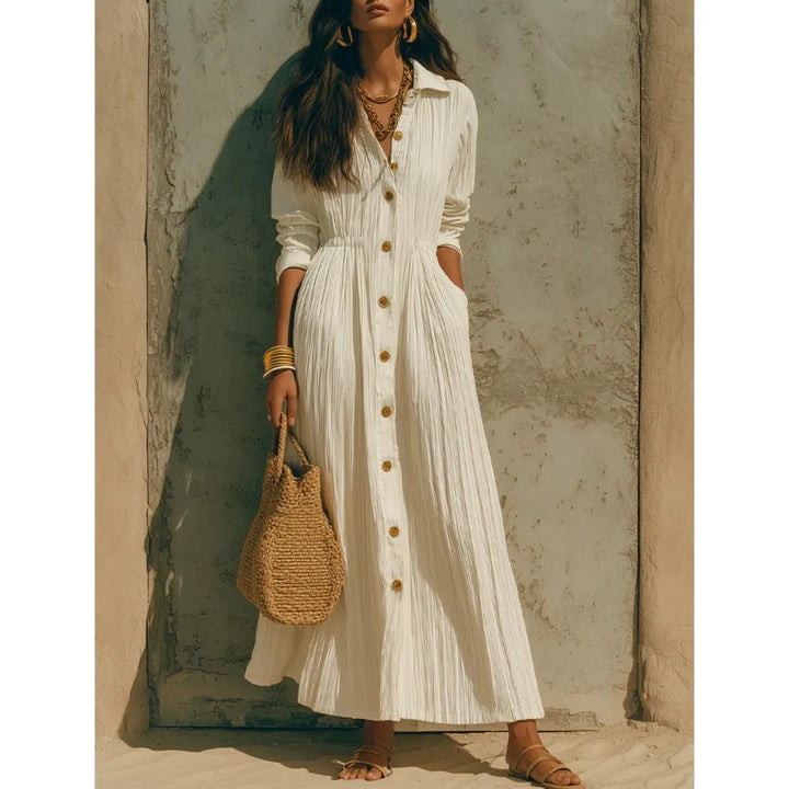 Genevieve | Button-Front Long-Sleeve Shirt Midi Dress with Pockets for Women