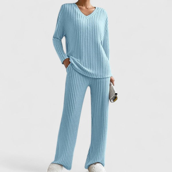 Addison Bennett and Lowe women's two-piece set with V-neck knit sweater and wide-leg pants, stylish and comfortable.