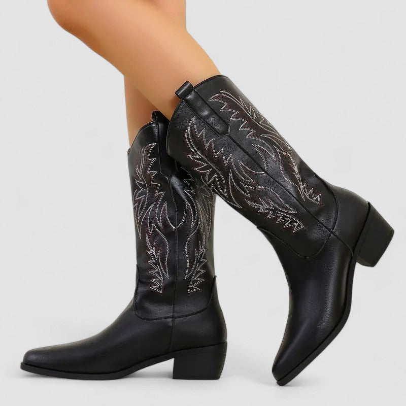 Claire embroidered Western cowboy boots for women by Bennett and Lowe, featuring detailed floral embroidery and classic cowboy style.