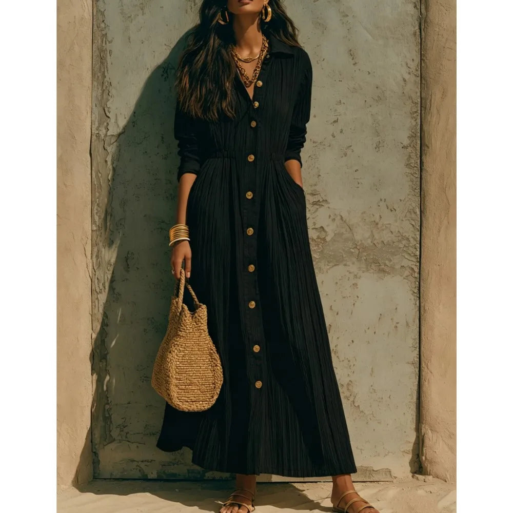 Genevieve | Button-Front Long-Sleeve Shirt Midi Dress with Pockets for Women