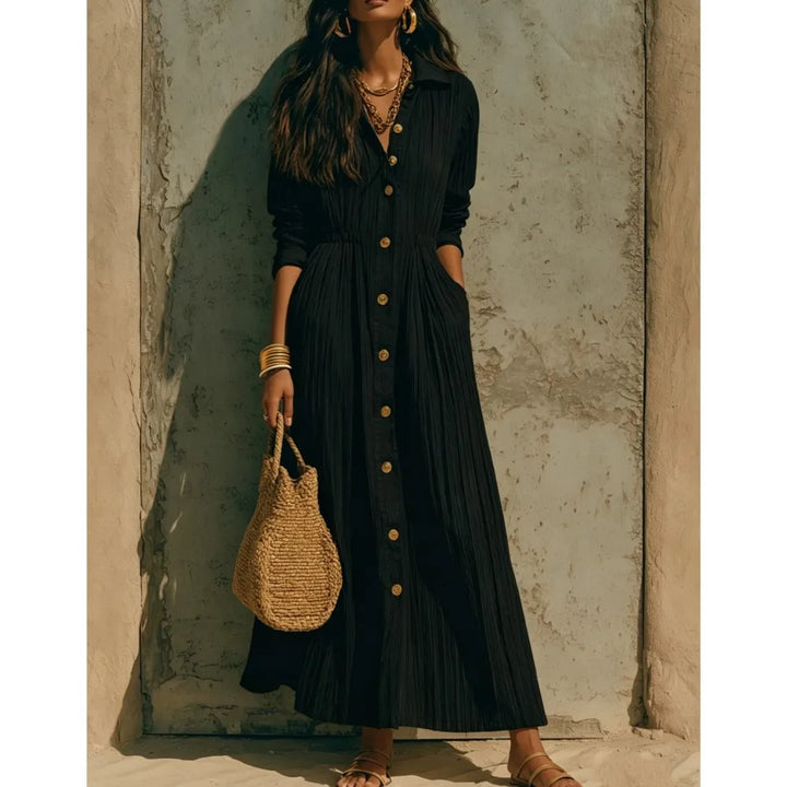 Genevieve | Button-Front Long-Sleeve Shirt Midi Dress with Pockets for Women