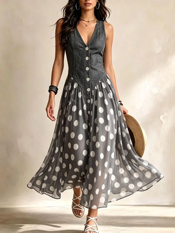 Juliette polka dot chiffon maxi dress for women by Bennett and Lowe, featuring a button-down front and flowing design.