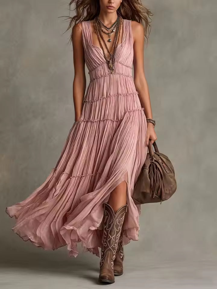 Arabella tiered ruffle chiffon maxi dress by Bennett and Lowe, flowing fabric with layered ruffles, full-length elegant gown