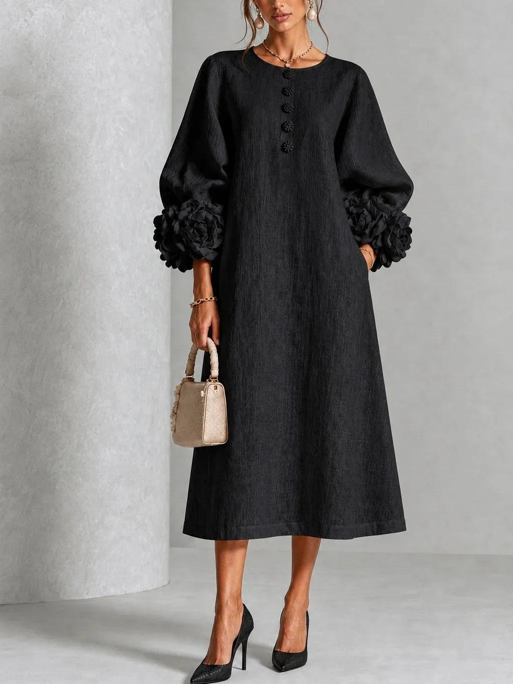 Adeline | 3D Floral O-Neck Lantern-Sleeve Midi Dress for Women