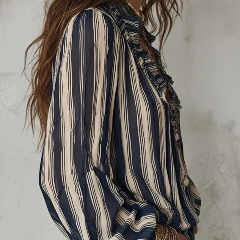 Bennett & Lowe Lorraine layered stripe long-sleeve blouse with contrasting horizontal stripes