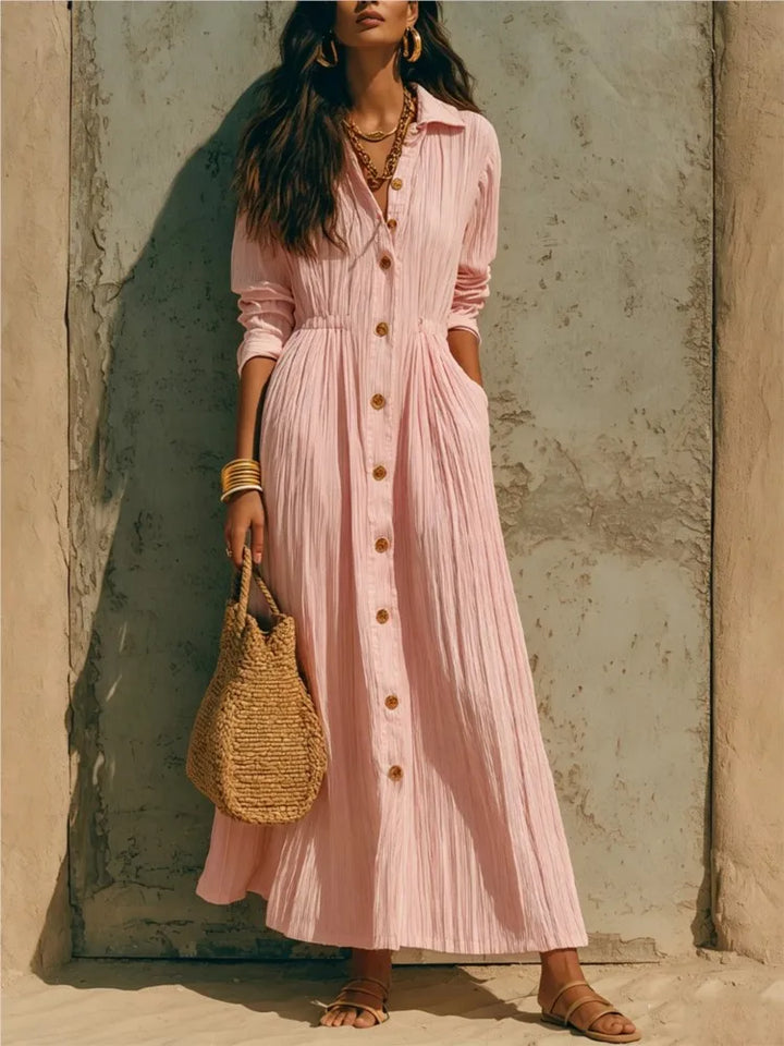 Genevieve | Button-Front Long-Sleeve Shirt Midi Dress with Pockets for Women