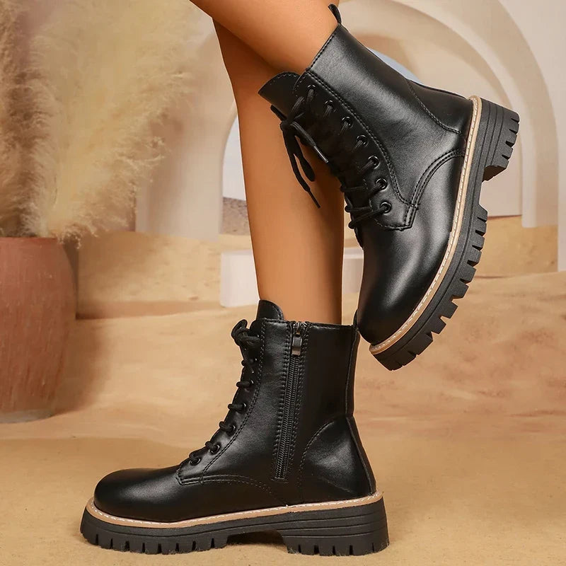 Bennett and Lowe Brisa lace-up platform combat boots with chunky soles and black leather finish, stylish and durable footwear.