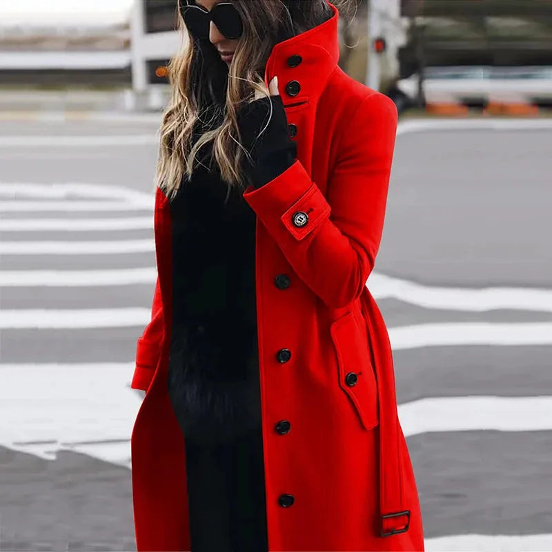 Bennett & Lowe Monica slim fit long sleeve coat displayed on a hanger, in classic coat design with tailored fit and long sleeves.