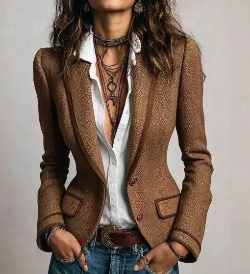 Bennett & Lowe Harriet contrast trim tailored blazer in navy with white accents, featuring a fitted design and structured lapel.