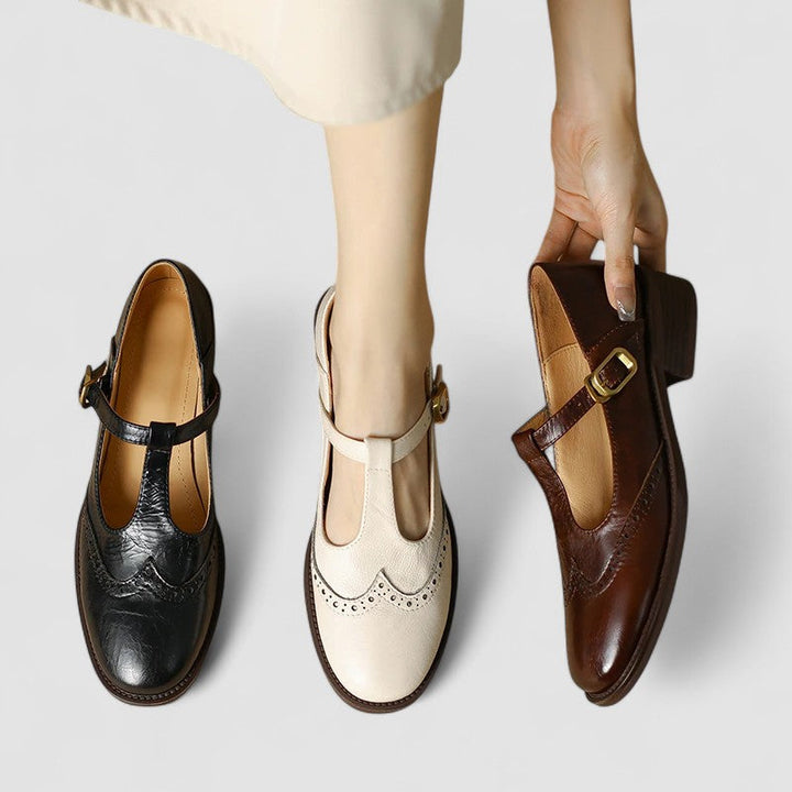 Bennett and Lowe Daisy casual Mary Jane shoes in neutral tone, featuring rounded toe and strap detail, close-up view.
