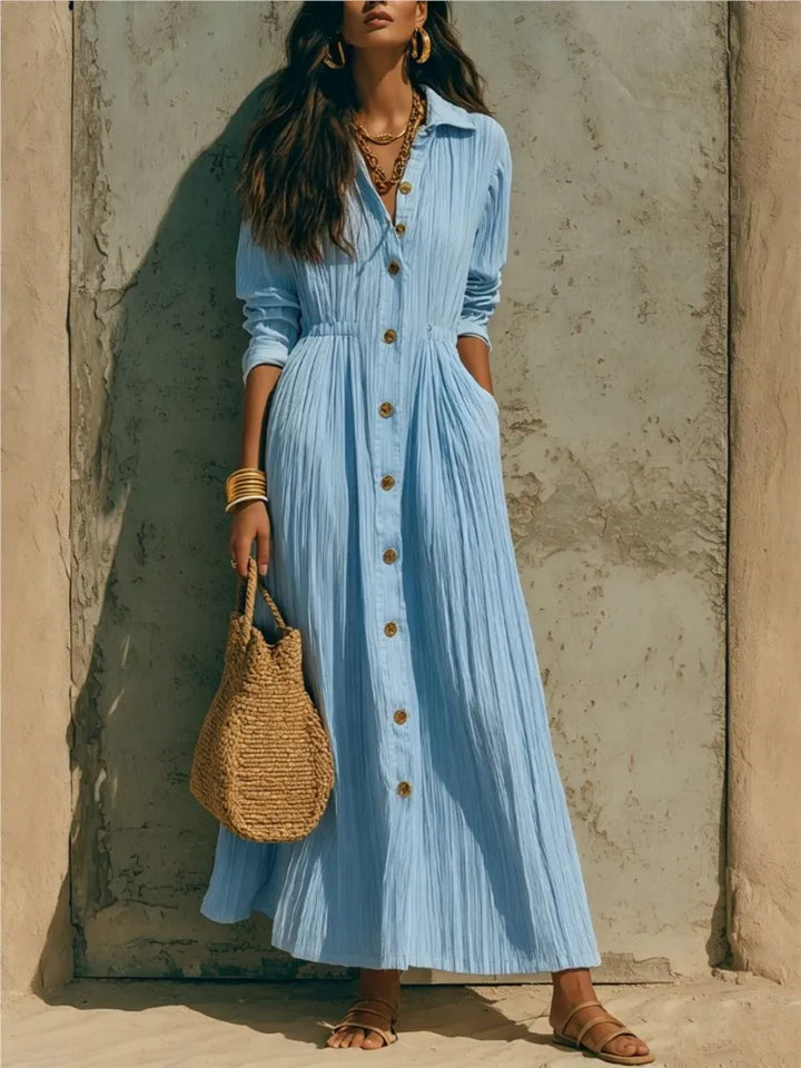 Genevieve | Button-Front Long-Sleeve Shirt Midi Dress with Pockets for Women