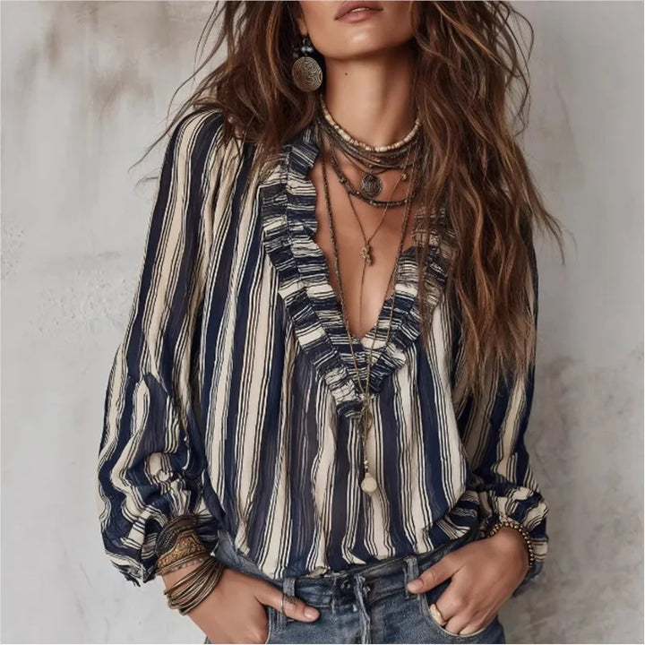 Bennett & Lowe Lorraine layered stripe long-sleeve blouse with horizontal stripes and relaxed fit