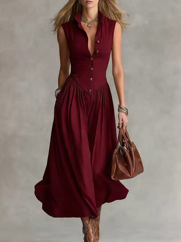 Camille Bennett and Lowe pleated button-front A-line maxi dress for women, featuring a flowy silhouette and stylish design.