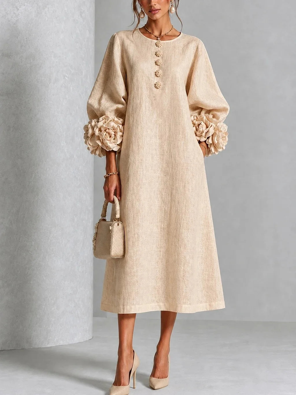 Adeline | 3D Floral O-Neck Lantern-Sleeve Midi Dress for Women
