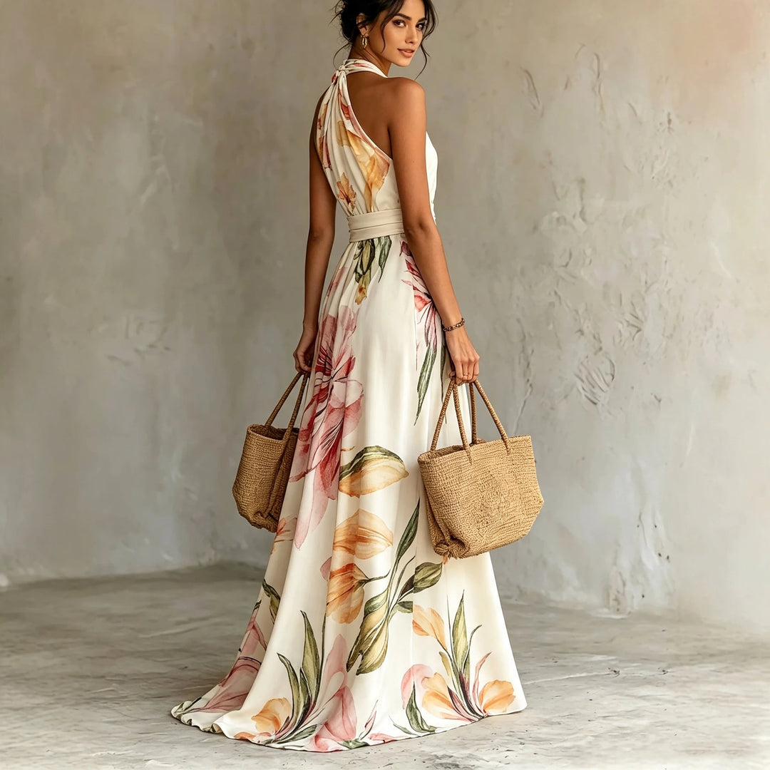 Rosalie | Watercolor Floral Halter-Neck Tie-Waist Maxi Dress for Women