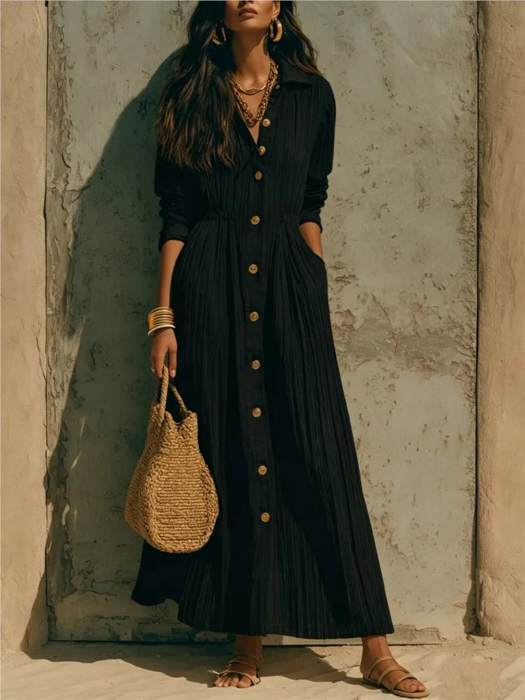 Genevieve | Button-Front Long-Sleeve Shirt Midi Dress with Pockets for Women
