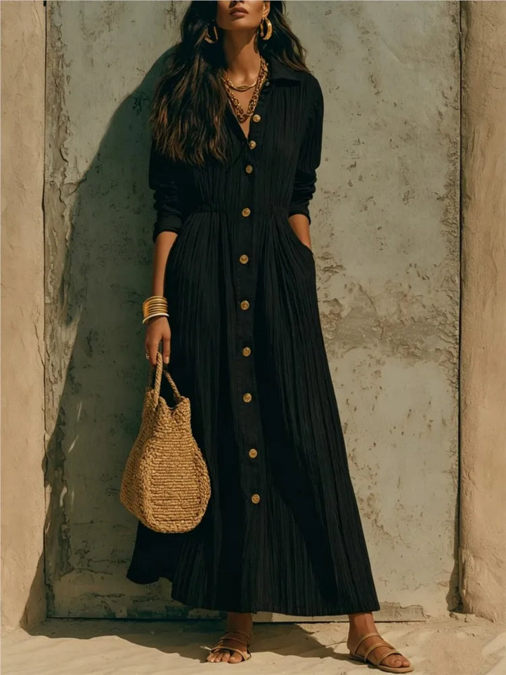 Genevieve | Button-Front Long-Sleeve Shirt Midi Dress with Pockets for Women