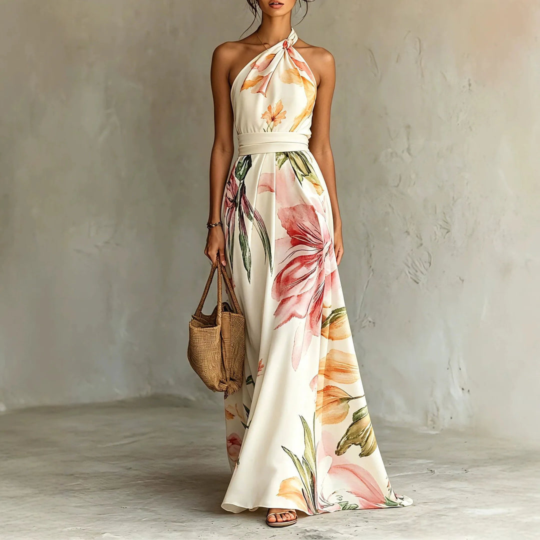 Rosalie | Watercolor Floral Halter-Neck Tie-Waist Maxi Dress for Women