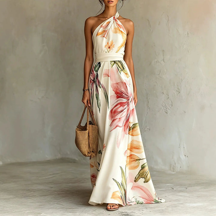Rosalie | Watercolor Floral Halter-Neck Tie-Waist Maxi Dress for Women