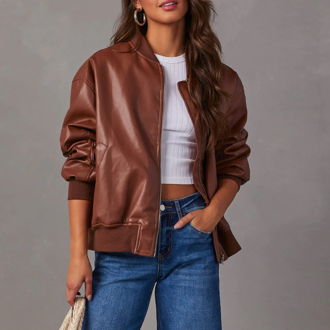 Bennett and Lowe Odile oversized zip-up bomber jacket in leather, front view