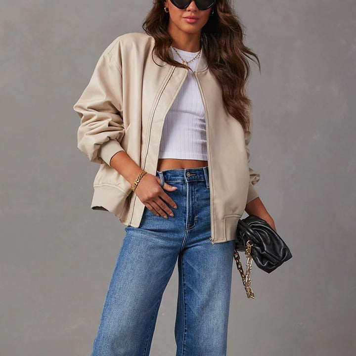 Bennett and Lowe Odile oversized zip-up bomber jacket in black leather front view