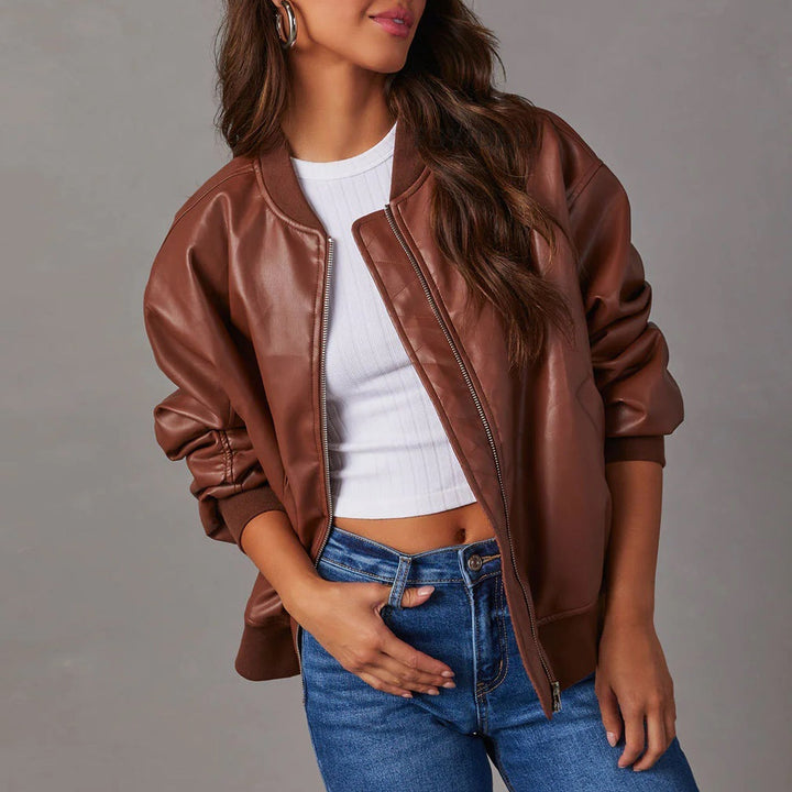 Bennett and Lowe Odile oversized zip-up bomber jacket in leather with ribbed trim, front view