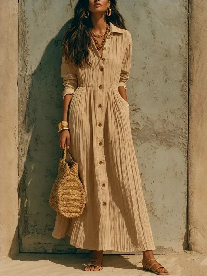 Genevieve | Button-Front Long-Sleeve Shirt Midi Dress with Pockets for Women