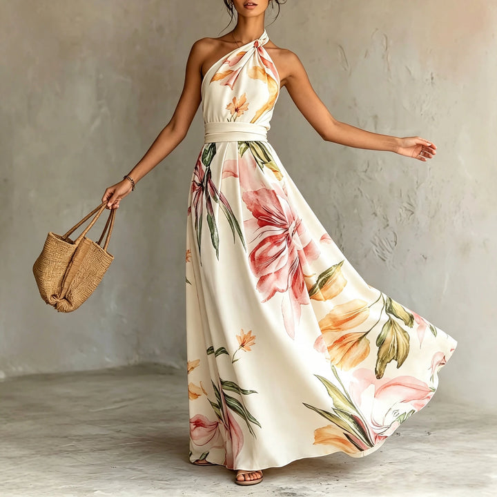 Rosalie | Watercolor Floral Halter-Neck Tie-Waist Maxi Dress for Women