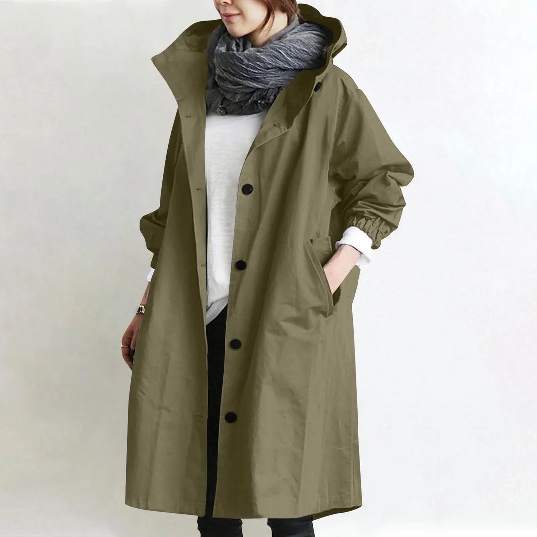Eloise hooded longline trench coat by Bennett and Lowe, shown in dark neutral fabric with a classic hood and tailored fit.