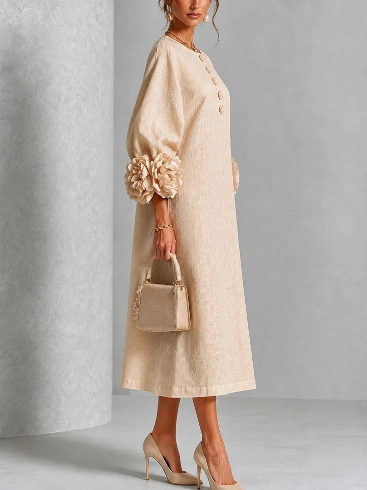 Adeline | 3D Floral O-Neck Lantern-Sleeve Midi Dress for Women