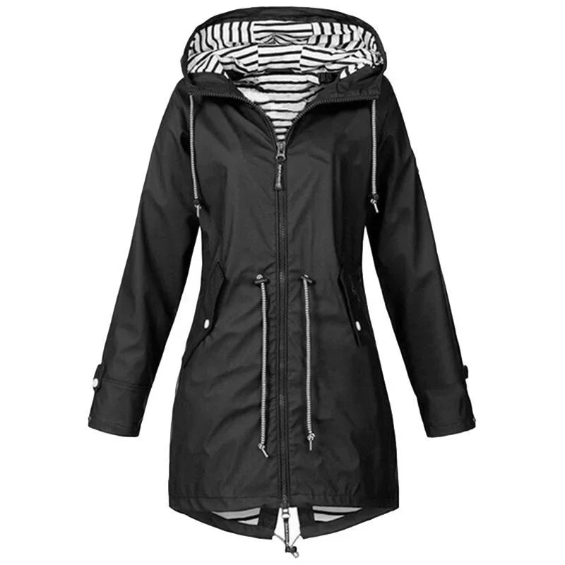 Victoria Bennett & Lowe drawstring hooded outdoor trench coat displayed hanging with a belted waist and waterproof fabric.